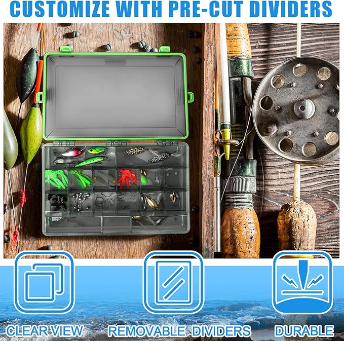 Wonderjune 6 Pack Fishing Tackle Boxes Waterproof 3600 and 3700 Tackle Trays with Removable Dividers Plastic Storage Organizer Bait Vault Camouflage Box for Freshwater Saltwater (Green,3700)
