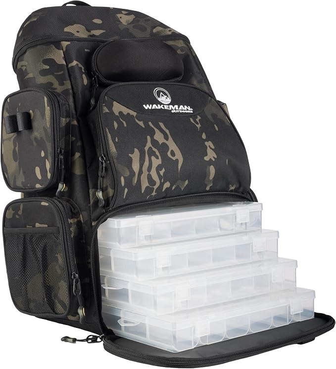 Fishing Backpack with Tackle Boxes, Rod Holders, 7 Zippered Storage Pockets and Water-Resistant Cover - Tactical Backpack Tackle Bag for Fishing Gear and Equipment by Wakeman Outdoors (Camo Black)
