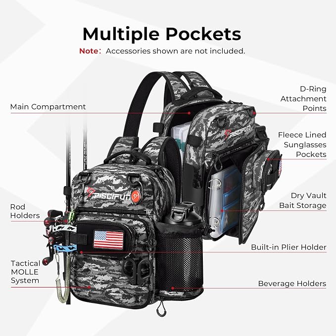 Piscifun Fishing Tackle Backpack, Convertible Sling or Waist Pack, 16-Pocket Storage Gear Bag with 2 Rod Holders & Rain Cover