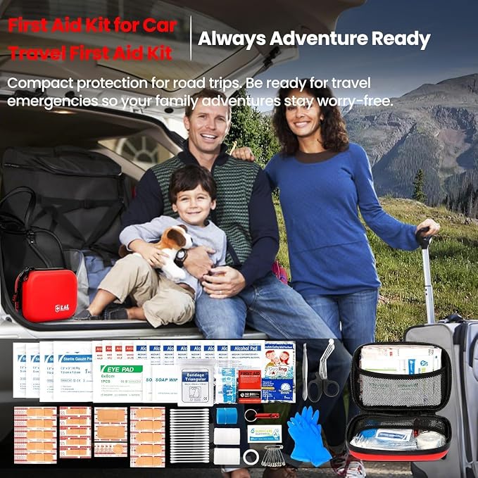 Emergency Kit 120 Piece Travel Car Survival Gear First Aid Kit,Waterproof Emergency Mini First Aid Kits,Portable Small First Aid Kit for Survival Car Travel Office Camping Sports Hiking (Red)