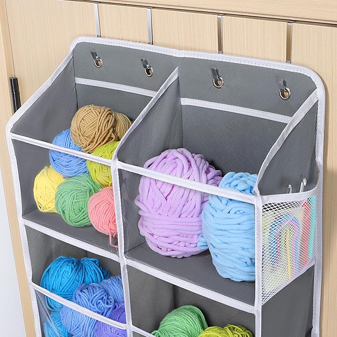 Univivi Over Door Hanging Yarn Storage Organizer, 5 Tiers Hanging Yarn Knitting Organizer with 10 Mesh Side Pockets for Crochet Accessories, Knitting Needles and Yarn Balls