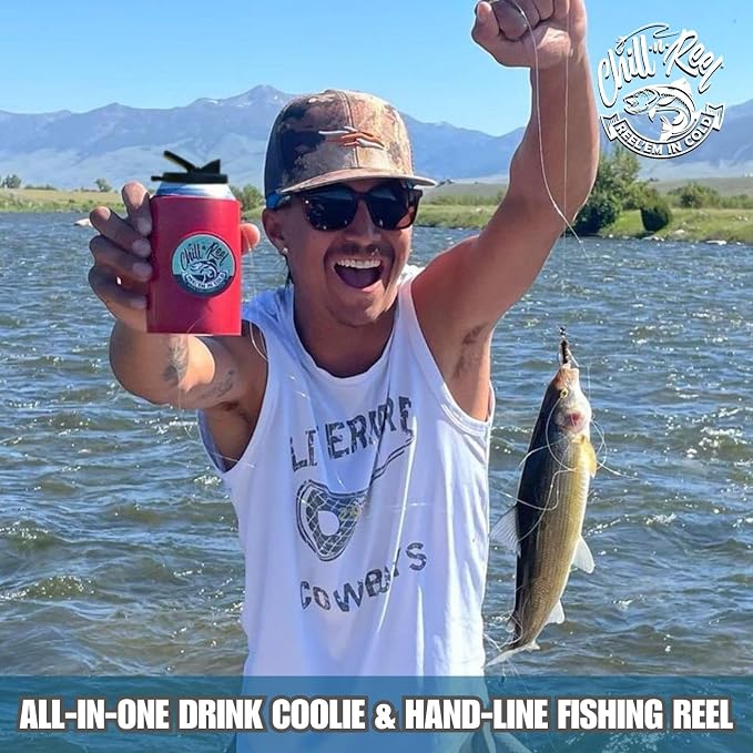 Made in USA | Beer Can Fishing Coolie | Hard Shell Drink Holder with Hand Line Reel | Holds Most Can Sleeves or Coozies | Unique Fishing Gift for Men | Retail Box Packaging | Crimson