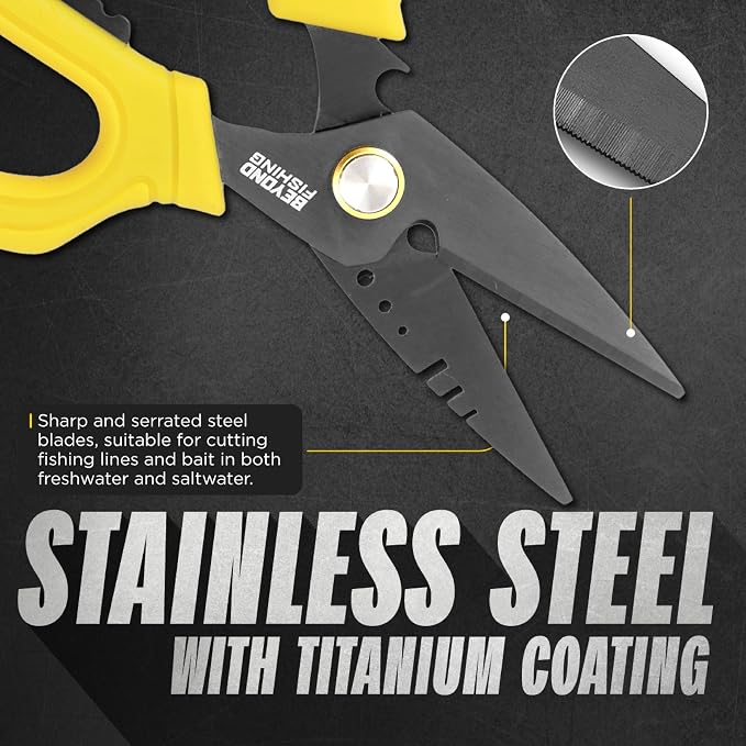 Beyond Fishing 6.5" Pro Fishing Shears Dual Serrated Blades, Fishing Braided Line Scissors with Titanium Coating, Non-Slip Grip & Multifunction Tool, Includes Hard Molded Locking Sheath
