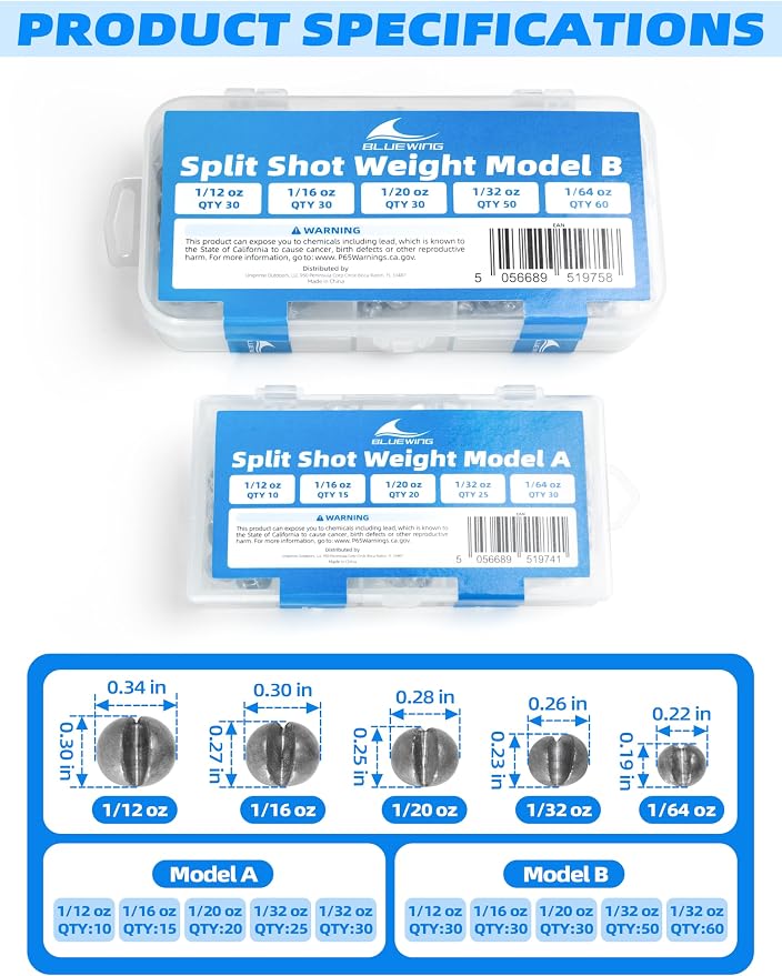 BLUEWING 100pcs/200pcs Split Shot Weight Fishing Sinker Removable Lead Pinch Weight Kit for Freshwater & Saltwater (1/64oz 1/32oz 1/20oz 1/16oz 1/12oz Mixed)