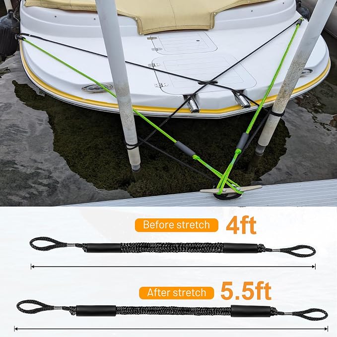 Boat Bungee Dock Lines, Mooring Rope for Docking with Loop, Boat Ropes, Boat Accessories, Quick and Easy Dock for PWC, Kayak, Seadoo, WaveRunner, Pontoon, Bass Boat (Black)