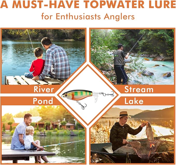 TRUSCEND Popobait Easy Catch Fishing Lures with BKK Hooks, Instant Startup, Longer Cast, Balanced Spray/Sound/Swim, Plopper Topwater Lures for Bass, Trout, Pike, Walleye, Freshwater Saltwater Fishing