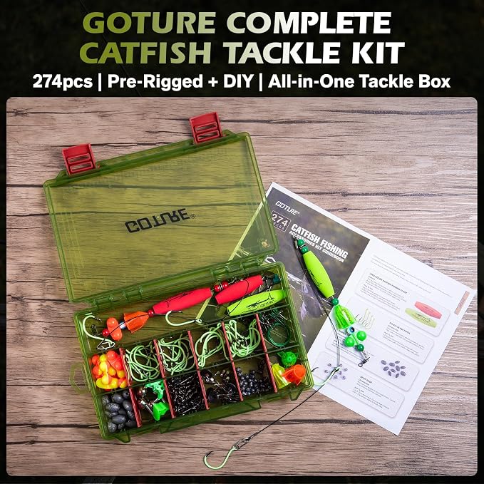 Goture Catfish Rig Making Kit,274pcs/300pcs Catfishing Tackle with Luminous Fishing Hook Swivel Sinker Weights Rattle Float Bobber Stoppers,Catfish Rigs Accessories with 3600 Tackle Box,Gifts for Men