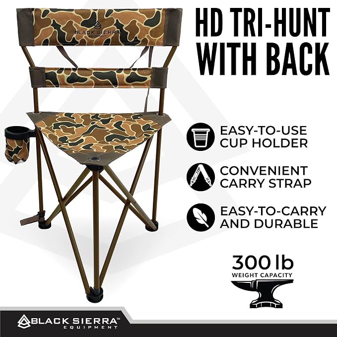 Black Sierra HD Tri-Hunt with Back Hunting Stool, Foldable Tripod Seat w/Steel Frame Supports 300-lb, Heavy Duty Fishing Chair Features Cup-Holder & Carry Shoulder Strap, for Camping