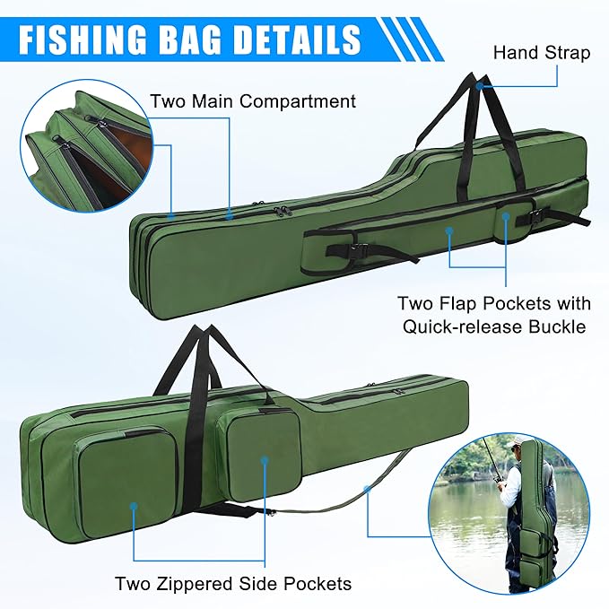 AGOOL Fishing Rod Case Fishing Pole Bag Case 4.27 ft Portable Waterproof Rod Reel Organizer Oxford Fish Bag for Saltwater Freshwater Ice Fishing Gift