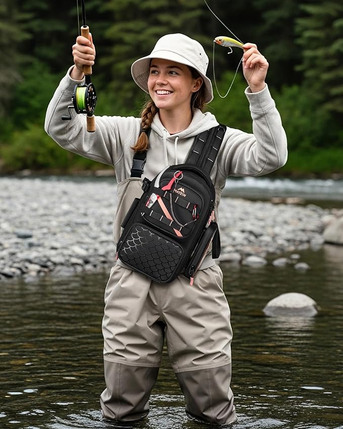 MATEIN Fishing Sling Bag with Lure Rod Holder & Phone Pouch, Waterproof 3600 Tackle Box Backpack with Removable Bait Binder