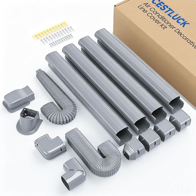 3" 17 Mini Split Line Cover Set: PVC Decorative Pipe Line Hide Cover Kit for Ductless Mini Split Air Conditioner, Central AC and Heat Pumps, Gray