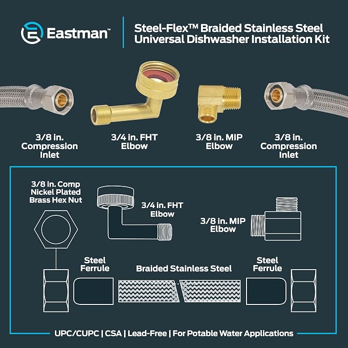 Eastman 5 Ft. Dishwasher Installation Kit, Braided Stainless Steel Supply Line with 3/8 Inch Compression Ends, 41041