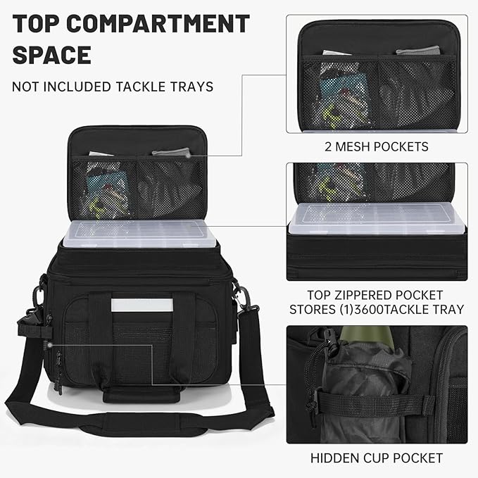 20L Fishing Tackle Bag Empty, Fits 3400-3600 & 4007 Lure Boxes, Water Resistant Fishing Gear Storage Bag, Portable Padded Shoulder Strap Bag for Saltwater Freshwater, Black