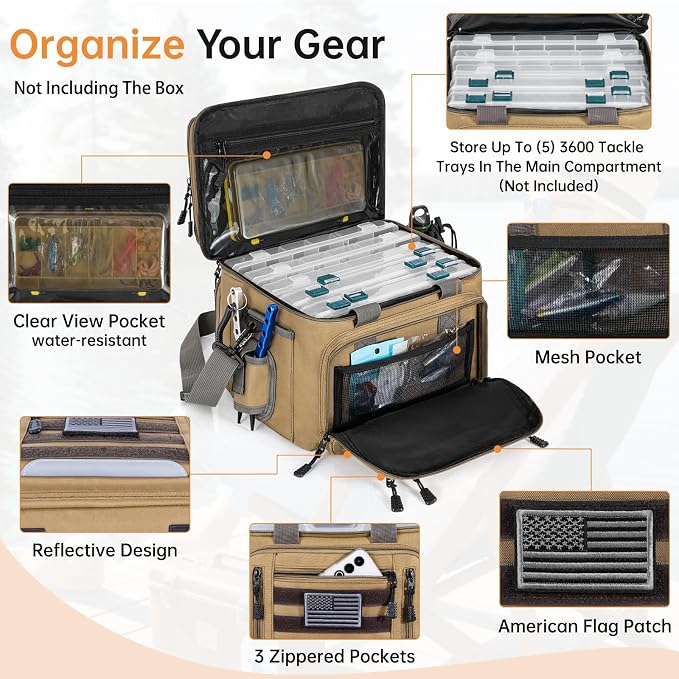 Fishing Tackle Bag - Holds 3400-3600 Size Tackle Boxes -Saltwater & Freshwater Fishing Bags - Padded Shoulder Strap Fishing Bags (Kahki) (Bag Only)