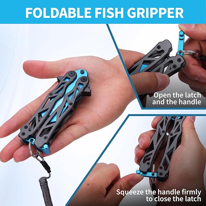 FLISSA Folding Fish Gripper with Lanyard, Lightweight Aluminum Fish Grabber, Portable Fish Lip Gripper Holder for Saltwater and Freshwater Fishing