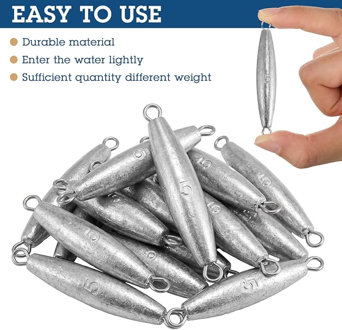 Vinsot 15 Pcs Fishing Sinkers and Weights Inline Trolling Torpedo Sinker Kit Double Ringed Through Wire Sinker Weight Saltwater Freshwater Torpedo for Boat Bass Casting