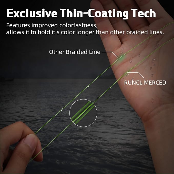 RUNCL Braided Fishing Line Merced, 1000 500 300 Yards Braided Line 4 8 Strands, 6-200LB - Proprietary Weaving Tech, Thin-Coating Tech, Stronger Smoother for Freshwater Saltwater