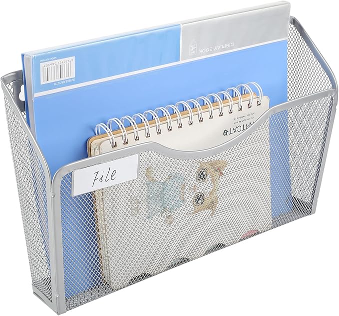 EasyPAG 3 Pack Wall File Organizer with Label Panel, Mesh Hanging File Folder Organizer for Letter/A4 Size Folders, Wall Mounted Vertical Mail Holder for Paperwork, Office, Home, School, Silver