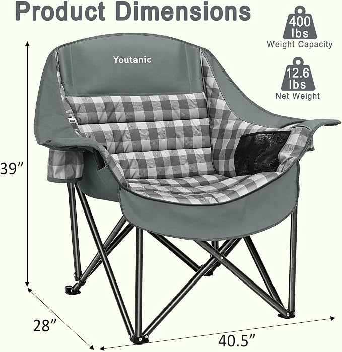 Youtanic Oversized Extra Large Padded Camping Chair, Heavy Duty 400 lbs Foldable Lawn Chair, Ergonomic Outdoor Seat with Plaid Design, Cup Holders & Storage Pockets for Fishing, Sports, Gray
