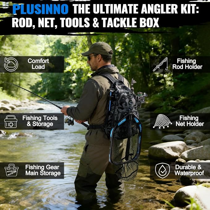 PLUSINNO Fishing Gear- Fishing Rod and Reel Combos, Fishing Backpack, Fishing Net, Fishing Bag with Rod Holders and Tackle Box for Freshwater/Saltwater, Fishing Gifts for Men