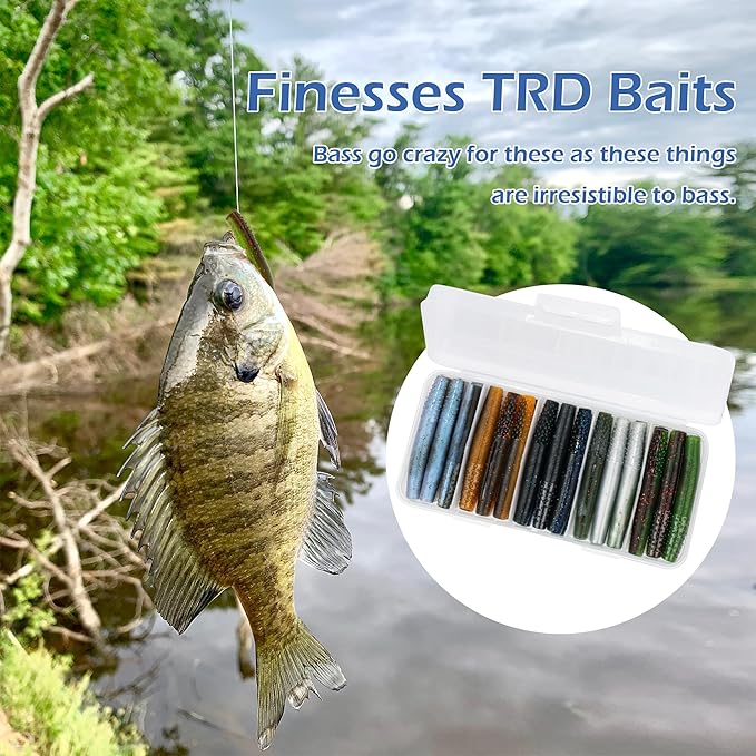 Soft Plastic Worm Fishing Lures Kit, Finesse TRD Stick Worms and Ned Rig Baits with Jig Heads for Bass Fishing, Freshwater Bass Soft Baits