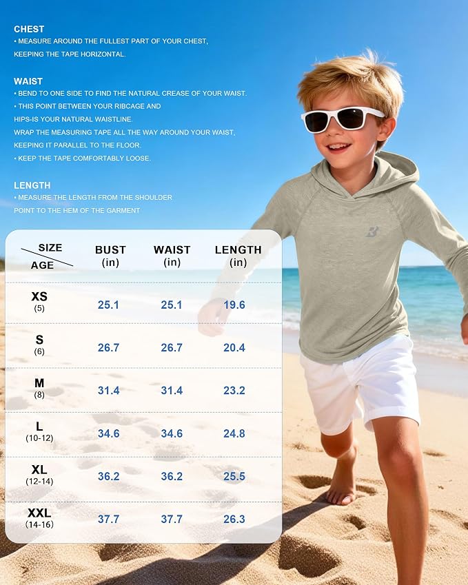 Roadbox Boys Rash Guard Hooded Fishing Shirt, Kids UPF 50+ Long Sleeve Sun Hoodie, Youth UV Protection Beach Swim Shirts