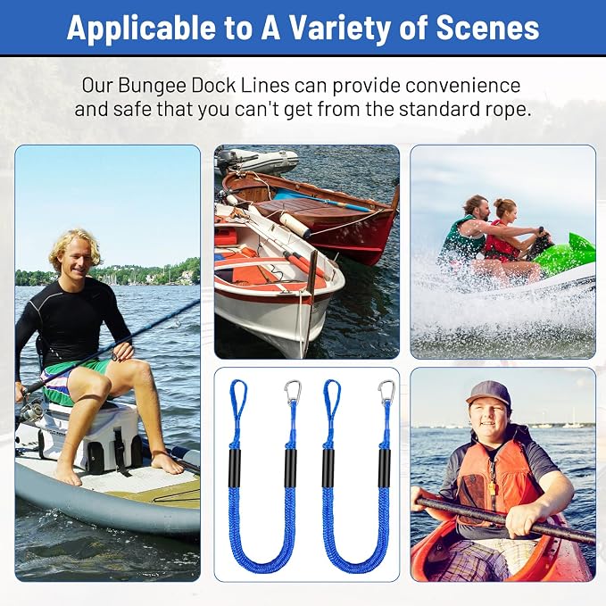 4-5.5ft, Bungee Dock Line with Stainless Steel Clip Safe Boat Rope Mooring String with Foam Float for Pontoon, Boat Accessories, Sea Doo,2 Pack(Blue)