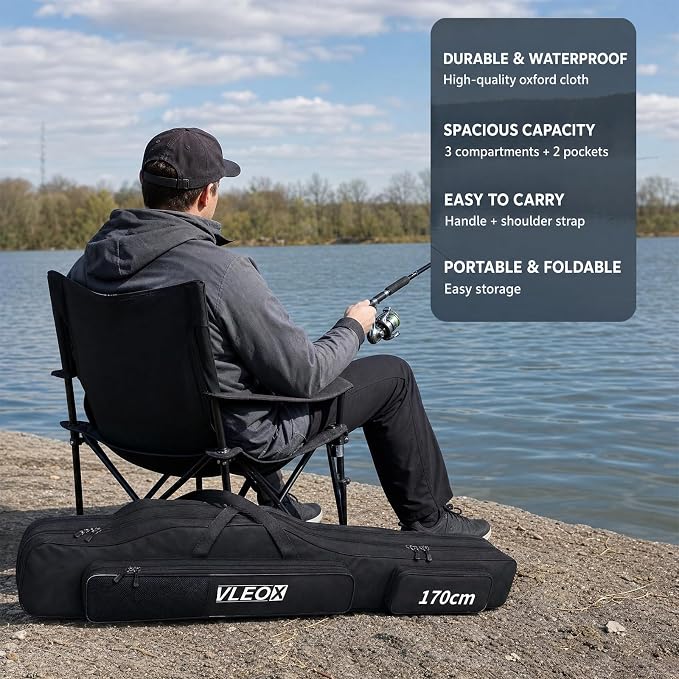 3 Layers Fishing Pole Bag, Fishing Rod Case, Portable Folding Fishing Rod Case Fishing Pole Reel Storage Bag Fishing Gears Organizer 150cm