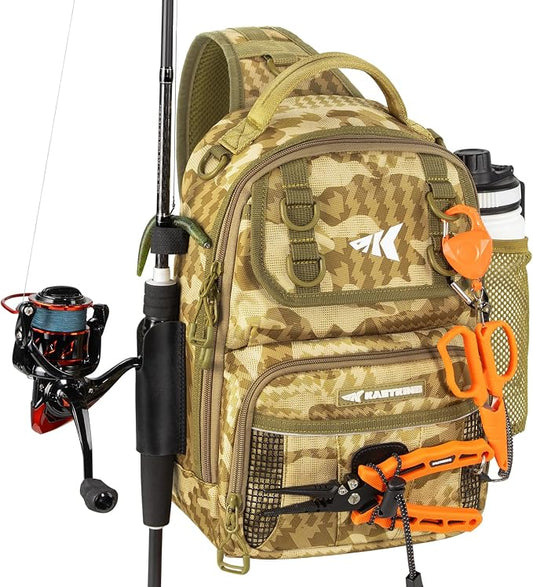 KastKing BaitSpace Fishing Sling Bag, Fishing Backpack with Rod & Beverage Holder, Tackle Bag for Fishing Gear