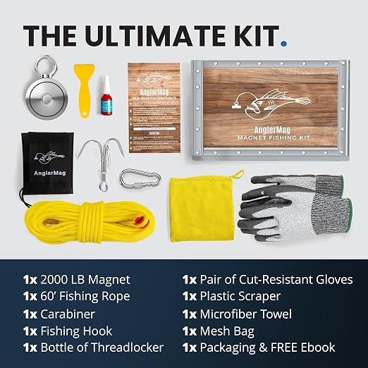 AnglerMag Magnet Fishing Kit - 2000 lbs Double Sided Neodymium Magnetic Fishing Stuff with Rope - 10 PCS Extra Strong Complete Gift Set with eBook, Carabiner, Gloves, Grappling Hook & Carrying Bag