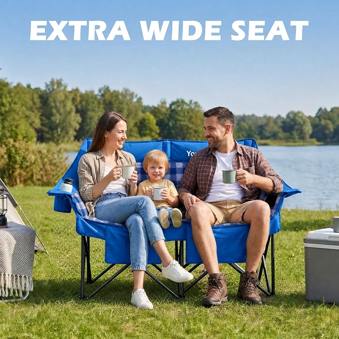 Youtanic Double Camping Chair, Heavy Duty 650lbs Padded Loveseat for Adults, Folding 2 Person Camp Couch with Cup Holder & Carry Bag, Wide Plaid Portable Lawn Seat for Outdoor Beach Sports, Blue