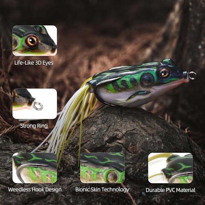 Soft Frog Lures, Topwater Swimbaits for Bass Fishing, Realistic PVC Design, Weedless Hooks, Perfect for Freshwater & Saltwater, Effective Fishing Lures for Pike & Snakehead