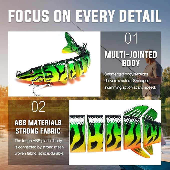 TRUSCEND Swimmax Easy Catch Fishing Lures with BKK Hooks, Wiggling, Vibrating, Rattling and Gurgling for More Bite, Heavy-Duty Dyneema Fiber Jointed Swimbaits for Bass, Trout, Walleye, Crappie, Pike