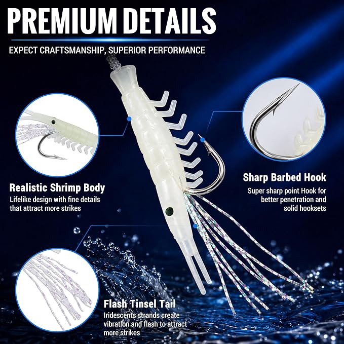Shrimp Fishing Bait Rigs Kit, 10 Packs Saltwater Surf Fishing Rigs with 5 String Hooks Glow Soft Shrimp Lures Swivel Snap Shrimp Lure Rig for Mackerel Herring Baitfish