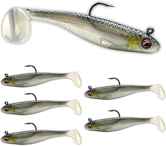 USA Bass Tackle Patriot Shad - Scent Infused Paddle Tail Swimbaits Pre Rigged Fishing Lures Premium Bait Strong Owner Hook, Fishing Gear for Bass Freshwater Predator Fish