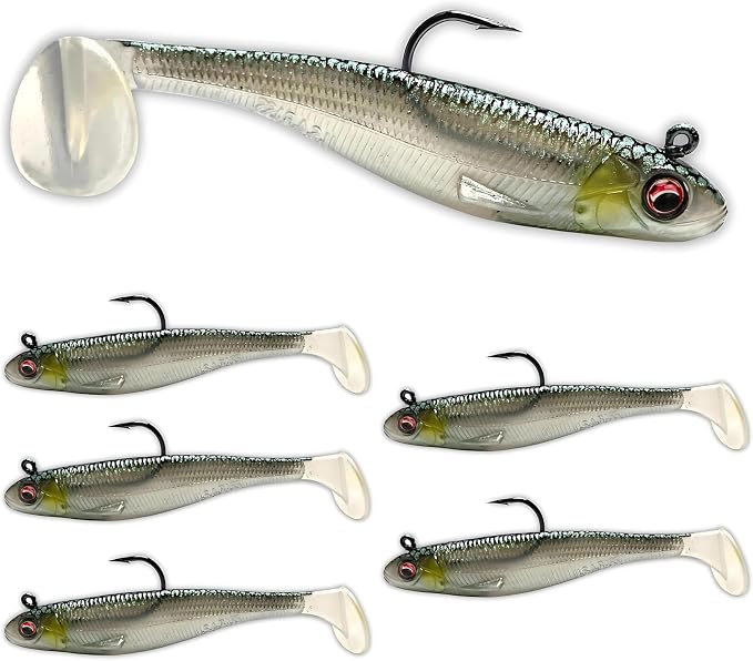 USA Bass Tackle Patriot Shad - Scent Infused Paddle Tail Swimbaits Pre Rigged Fishing Lures Premium Bait Strong Owner Hook, Fishing Gear for Bass Freshwater Predator Fish