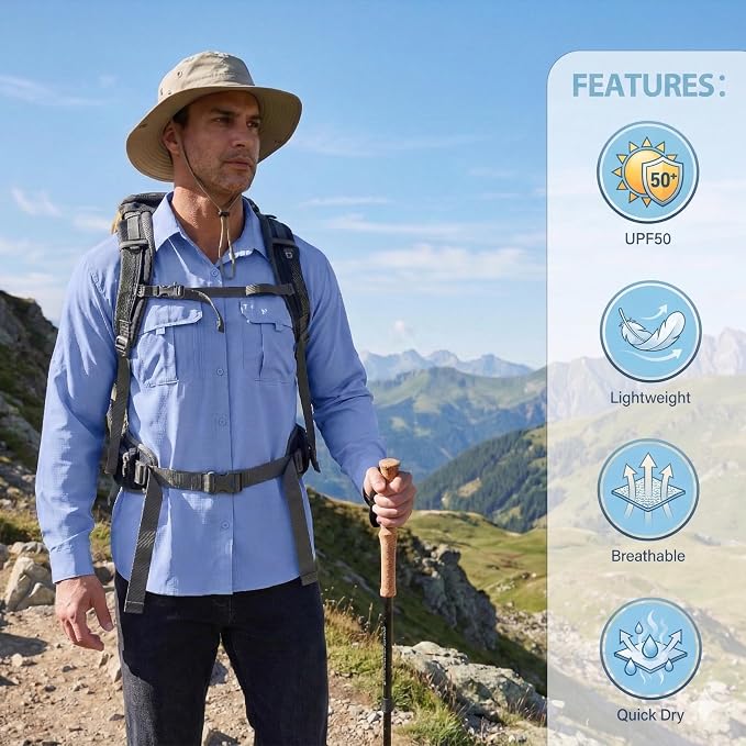 Men's Long Sleeve Fishing Shirts UPF 50+ Sun Protection Quick Dry Shirts Button Down Shirt for Hiking Camping