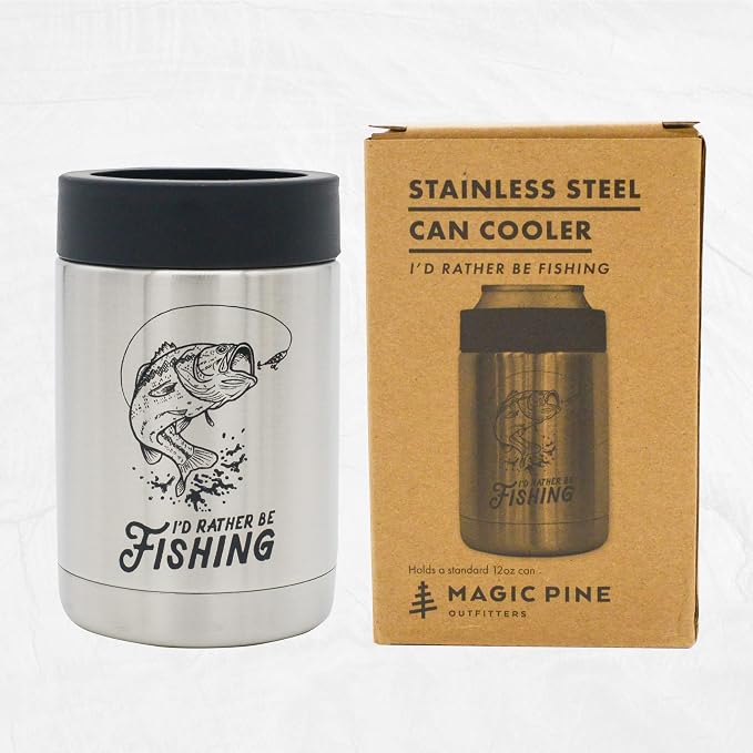 "I'd Rather Be Fishing" Insulated Stainless Steel Can Cooler for Cans + Bottles - great dad birthday gift, fishing gear idea, unique bass pro boat accessory, coolie gift for men, mystery box or prize