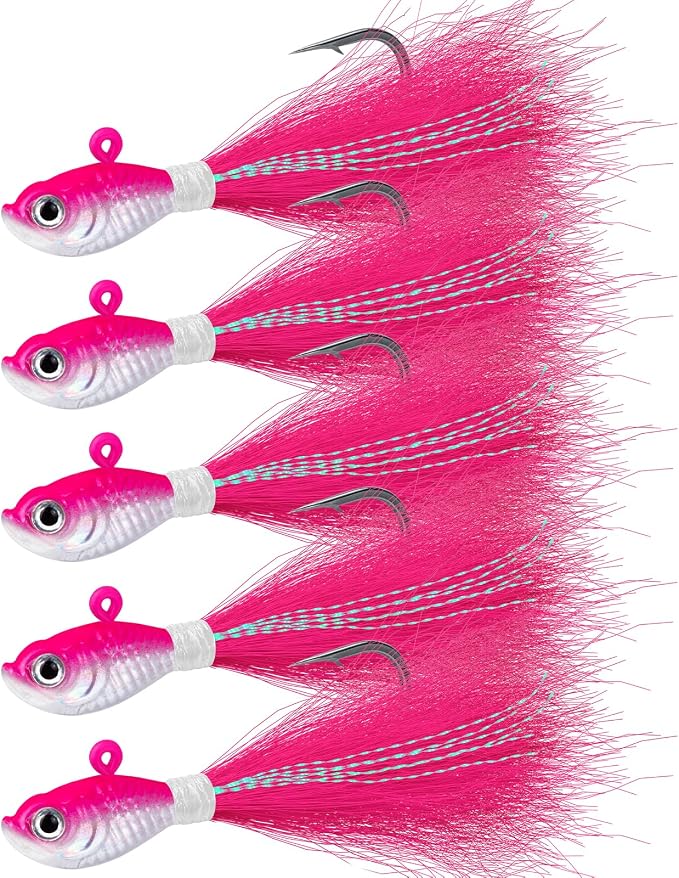 Alwonder 5-Pack Bucktail Jigs Hair Jigs Saltwater Freshwater Fishing Bucktail Lures Surf Fishing Jig Heads White Luminous Chartreuse Swimbait Jig for Bass Flounder Striper Bluefish Halibut Redfish