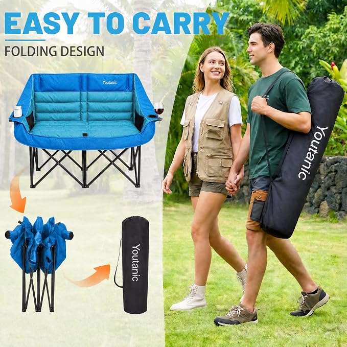Youtanic Oversized Double Camping Chair, Folding Loveseat Camping Couch with Pocket, Cup Holder and Carry Bag, Heavy Duty Portable Camping Chairs for Adults, Fishing, Sports, Trip, up to 660lbs, Blue