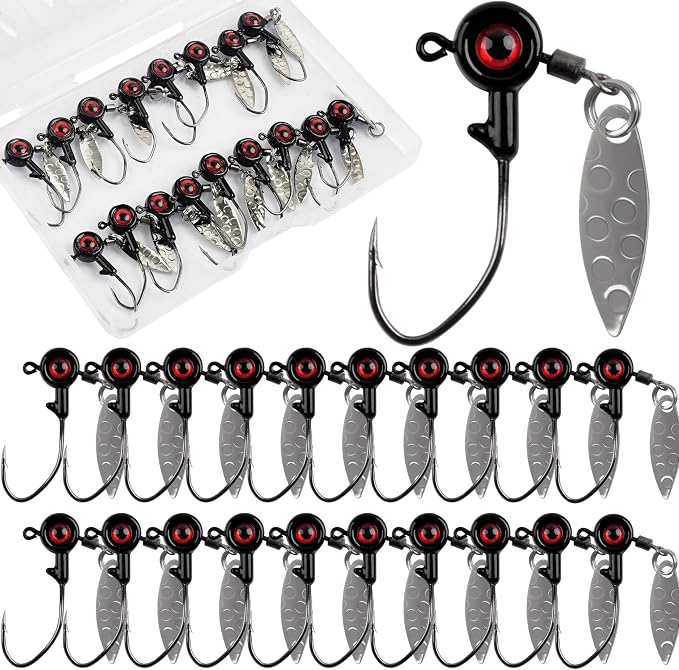 Crappie Jig Heads Fishing Lures Kit, 15pcs Underspin Jig Heads with Spinner Blade Crappie Lures Eye Ball Head Painted Fishing Jigs for Bass, Trout, Panfish, Sunfish