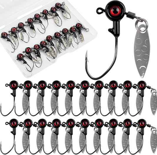 Crappie Jig Heads Fishing Lures Kit, 15pcs Underspin Jig Heads with Spinner Blade Crappie Lures Eye Ball Head Painted Fishing Jigs for Bass, Trout, Panfish, Sunfish