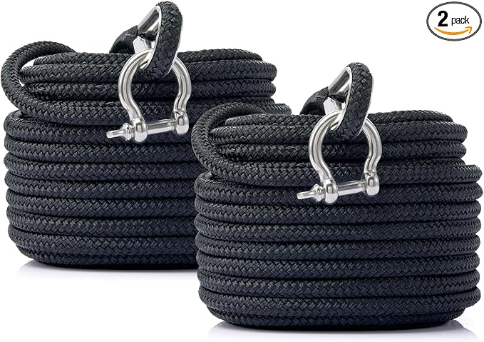 RainierSupplyCo 2 Pack Boat Anchor Rope - Double Braided Marine Rope Anchor Line - 50 ft x 1/4 Inch Nylon Boating Line with 316 Stainless Steel Thimble and Heavy Duty Marine Grade Bow Shackle - Black