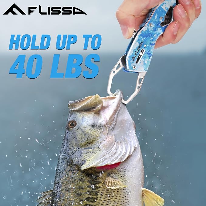 FLISSA 7" Camo Fish Gripper, 40 Pound Lip Gripper with Aluminium Alloy Handle, Stainless Steel Grabber with Carabiner and Spring Anti-Lost Rope, Lightweight Holder for Fishing