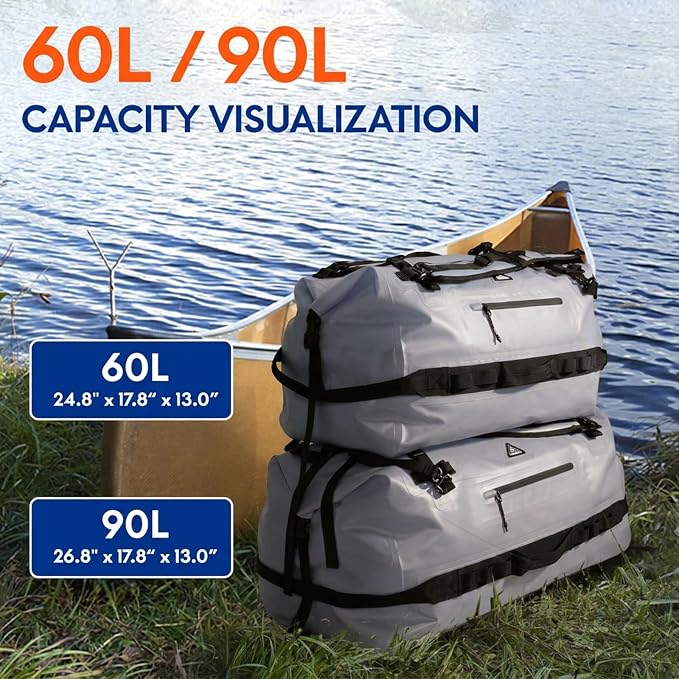 Haimont IPX7 Waterproof Roll-Top Dry Duffel Backpack | 60L/90L Sizes, 500D Tarpaulin, Welded Seams, Mesh Pockets, Boating & Kayaking