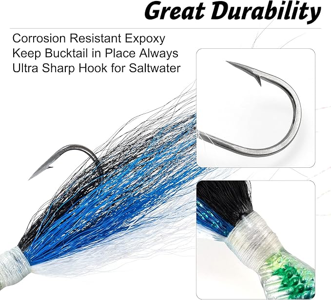 Dr.Fish 3 Pack Bucktail Jig Lure Hair Jig Saltwater Freshwater Lures Surf Fishing Bass Flounder Striper Bluefish Halibut Redfish