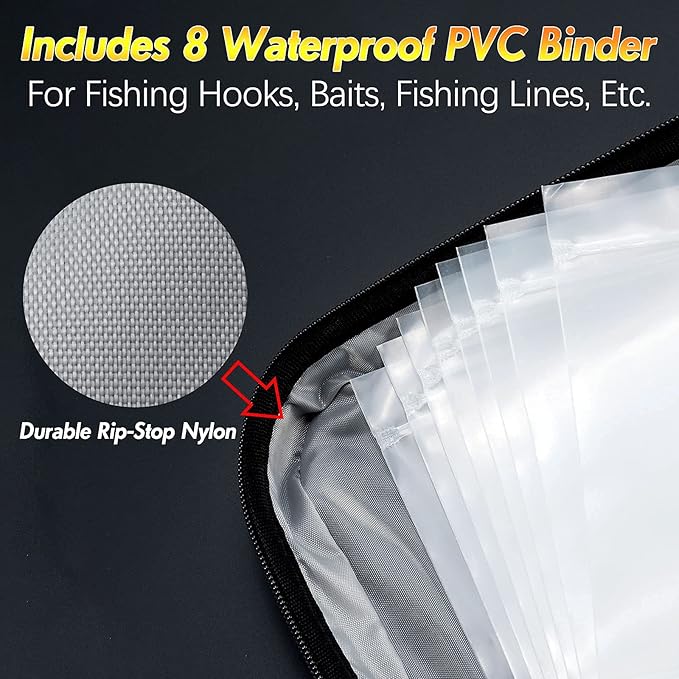 Dr.Fish Soft Bait Binder Organizer, Lure Hard Cover Fishing Tackle Storage Binders, Organized Bag with 8 Waterproof PVC Pockets for Worm Snell Rigs Jigs Baits Wrap Wallet