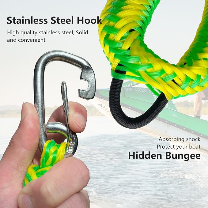 Bungee Dock Line with Double 316 Stainless Steel Clips Floatable Mooring Rope Boat Snubber Docking Rope for PWC, Boat Accessory for Kayak, Watercraft, Bass Boat, SeaDoo, 4FT, 2 Pack