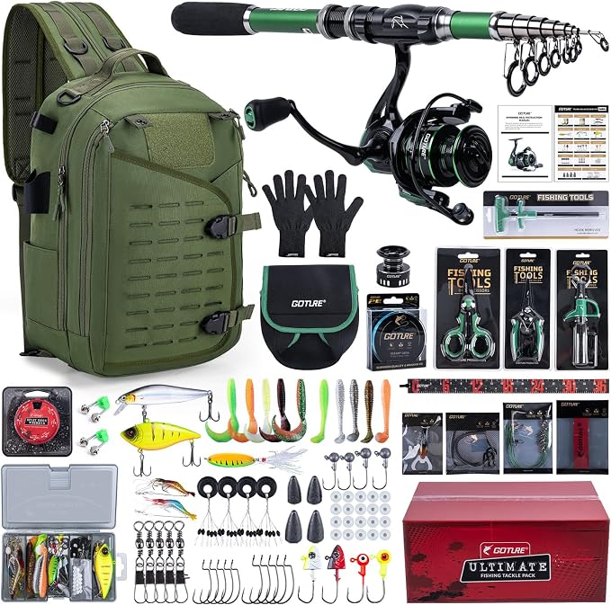 Goture Fishing Kits for Adult,Fishing Pole and Reel Combo, OpenSide Fishing Sling Tackle Storage Bag with 3 Tackle Boxes,Gift for Men