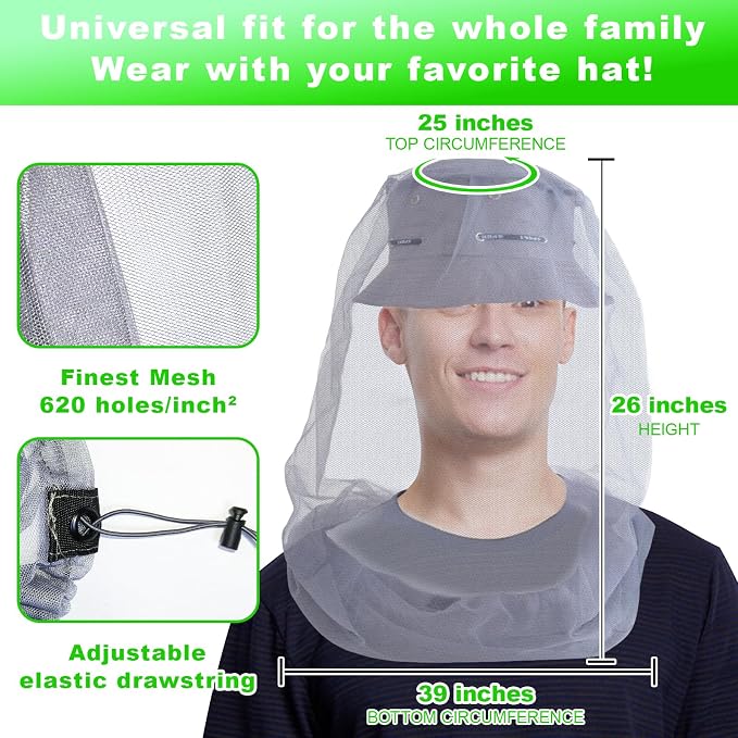 South to East Premium Mosquito Head Net for Insect 2 Pack, Ultra Large & Long, Extra Fine Holes, Fly & Bug Protection Gear for Camping, Hiking, Fishing, Gardening, Safari, Fit All Hats, Light Grey